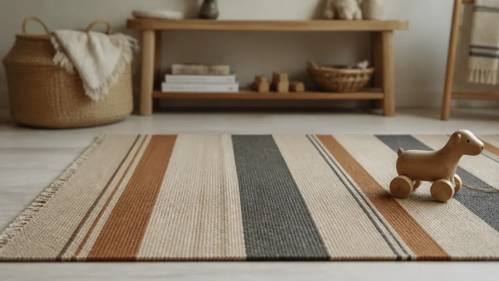 muted striped flatweave rug in sand rust and charcoal on boards