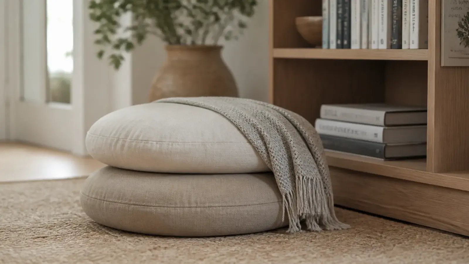 two round neutral floor cushions stacked beside a low bookshelf