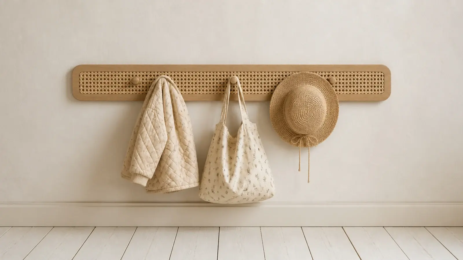 timber peg rail with cane detail holding a small coat and bag