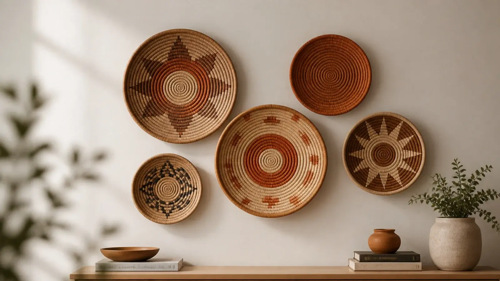 cluster of flat woven baskets arranged as art on a plain wall