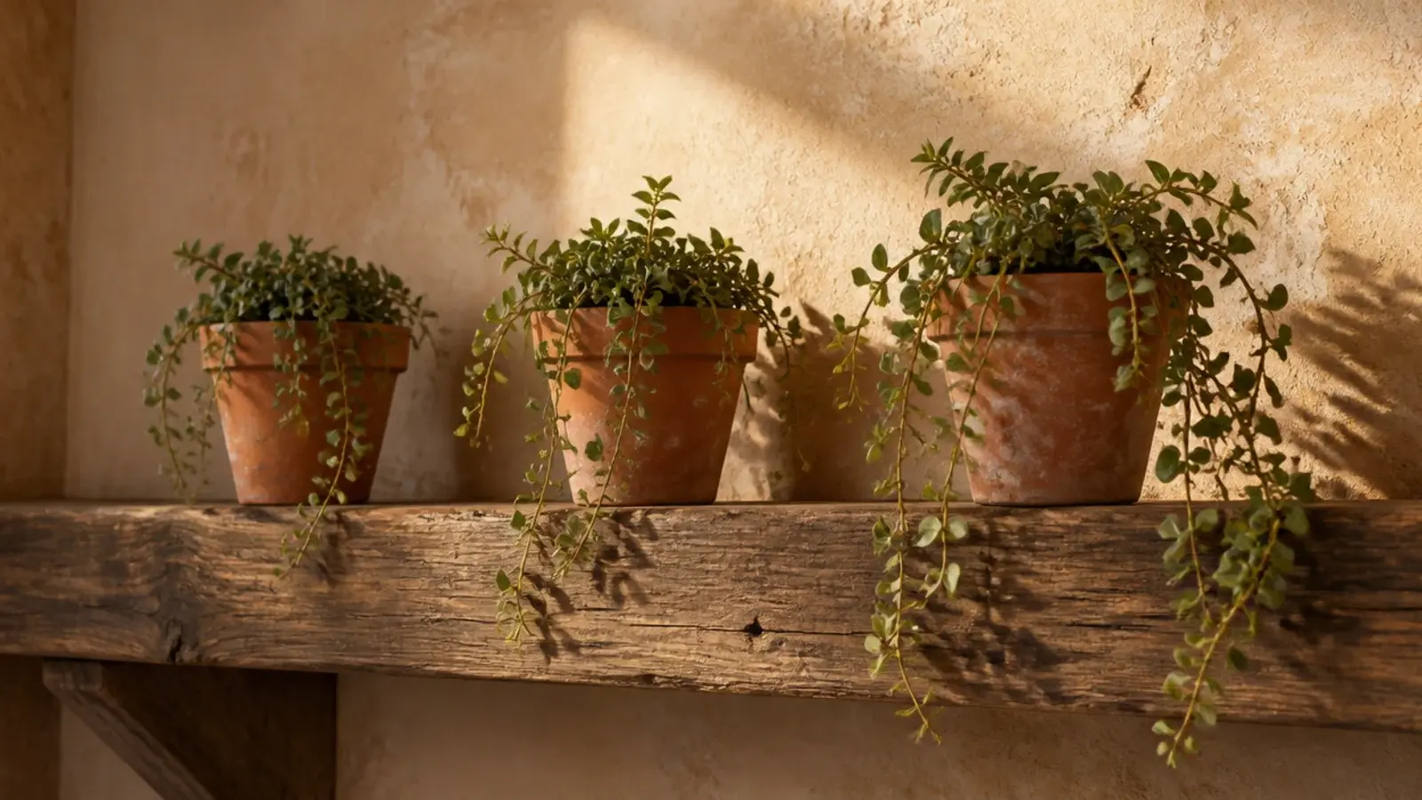 three small terracotta pots of faux greenery on a high ledge