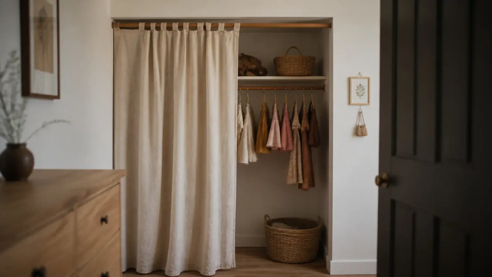 unbleached muslin curtain hung across an open closet in a child room