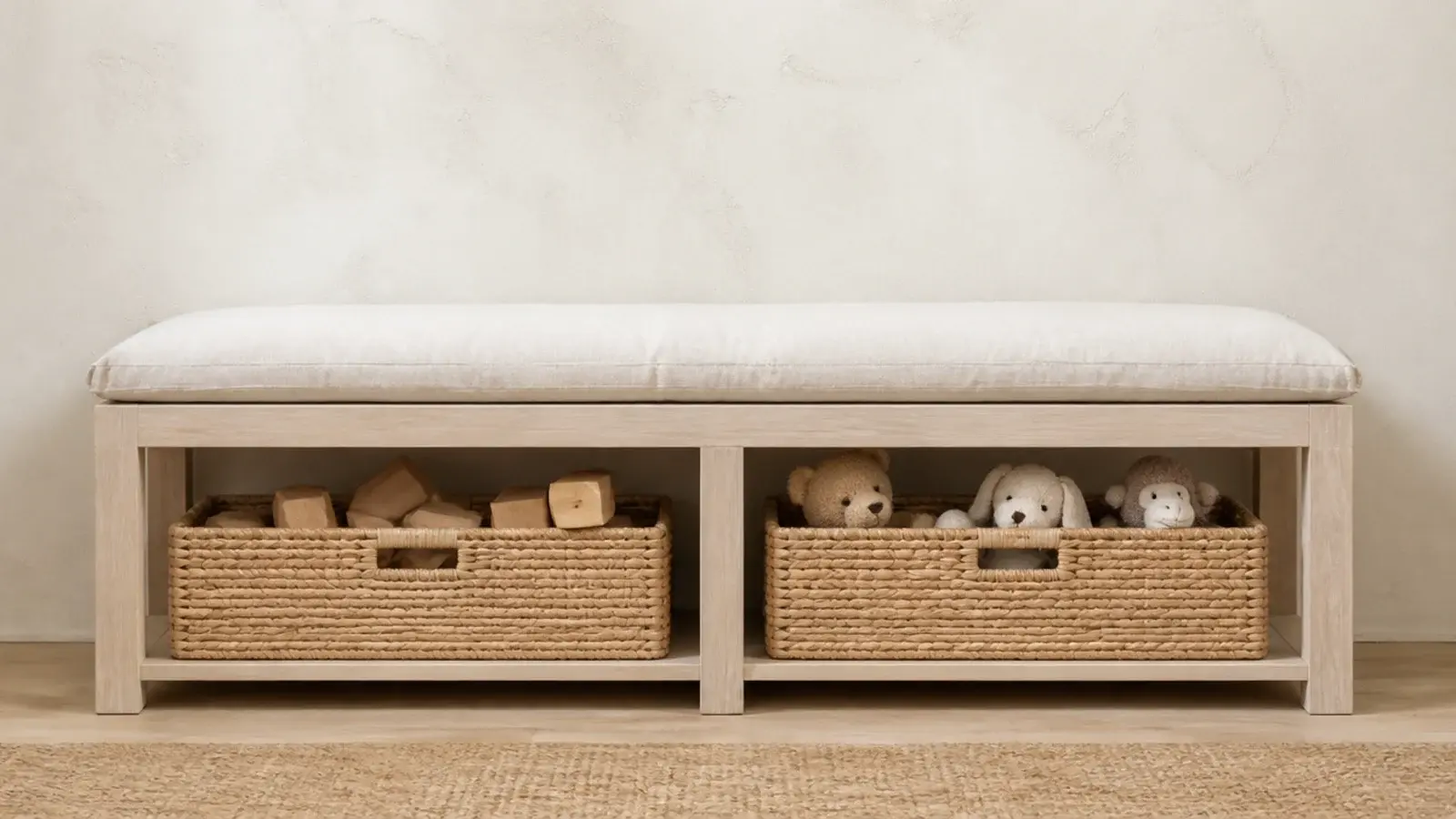 two seagrass bins pushed beneath a simple pale timber bench