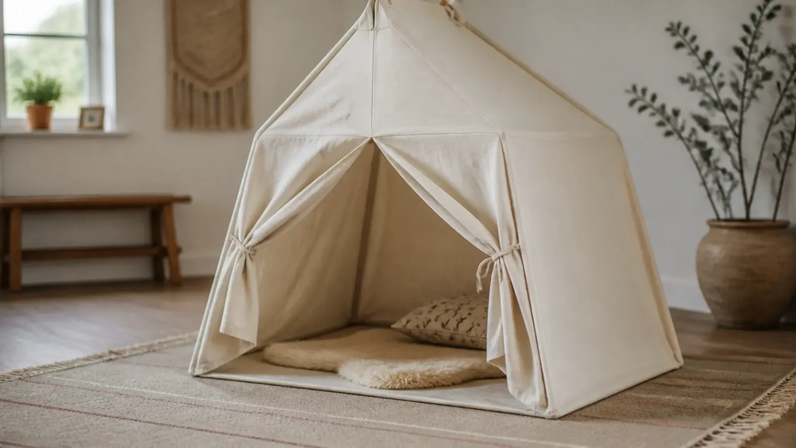 natural cotton play tent standing open on a flatweave rug