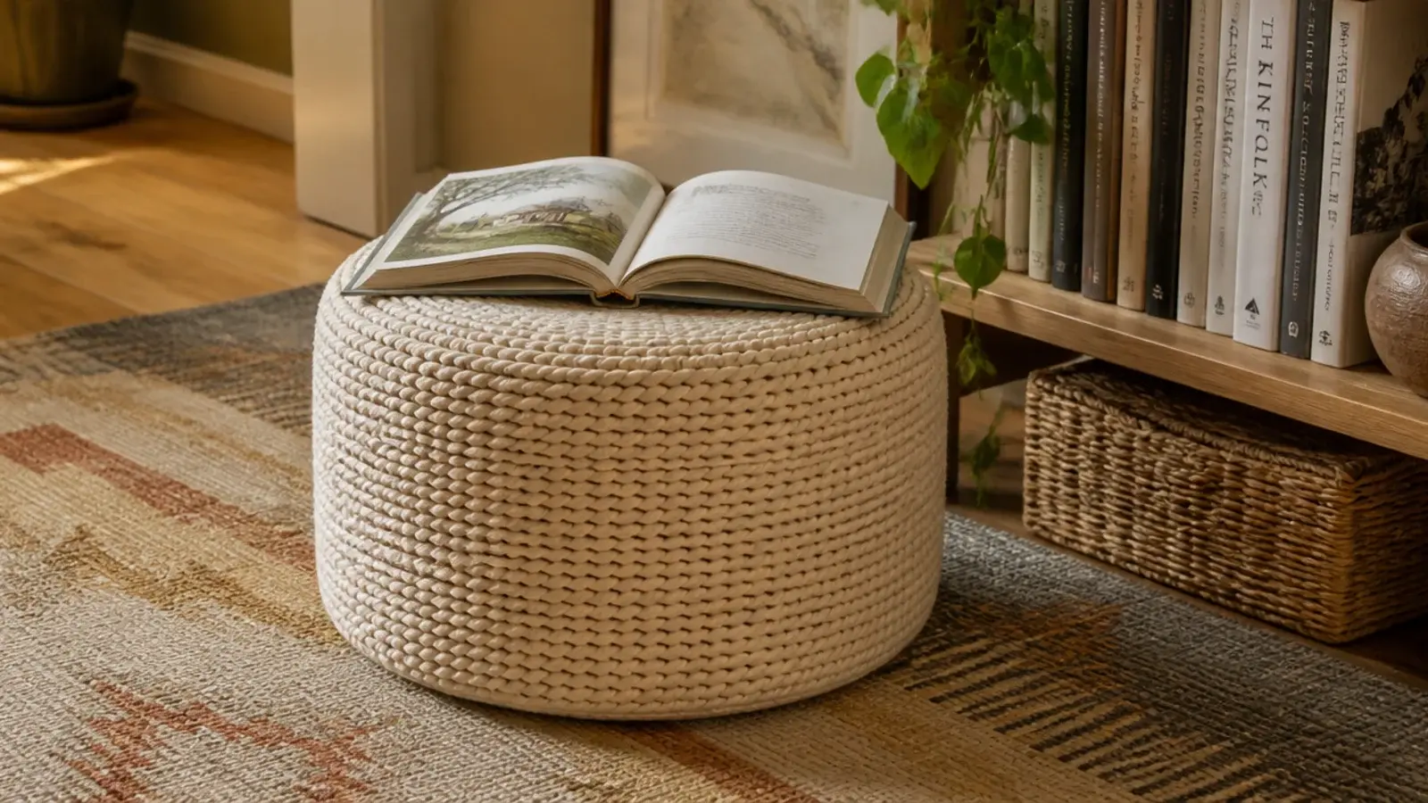small round woven pouffe sitting beside a low bookshelf on a rug