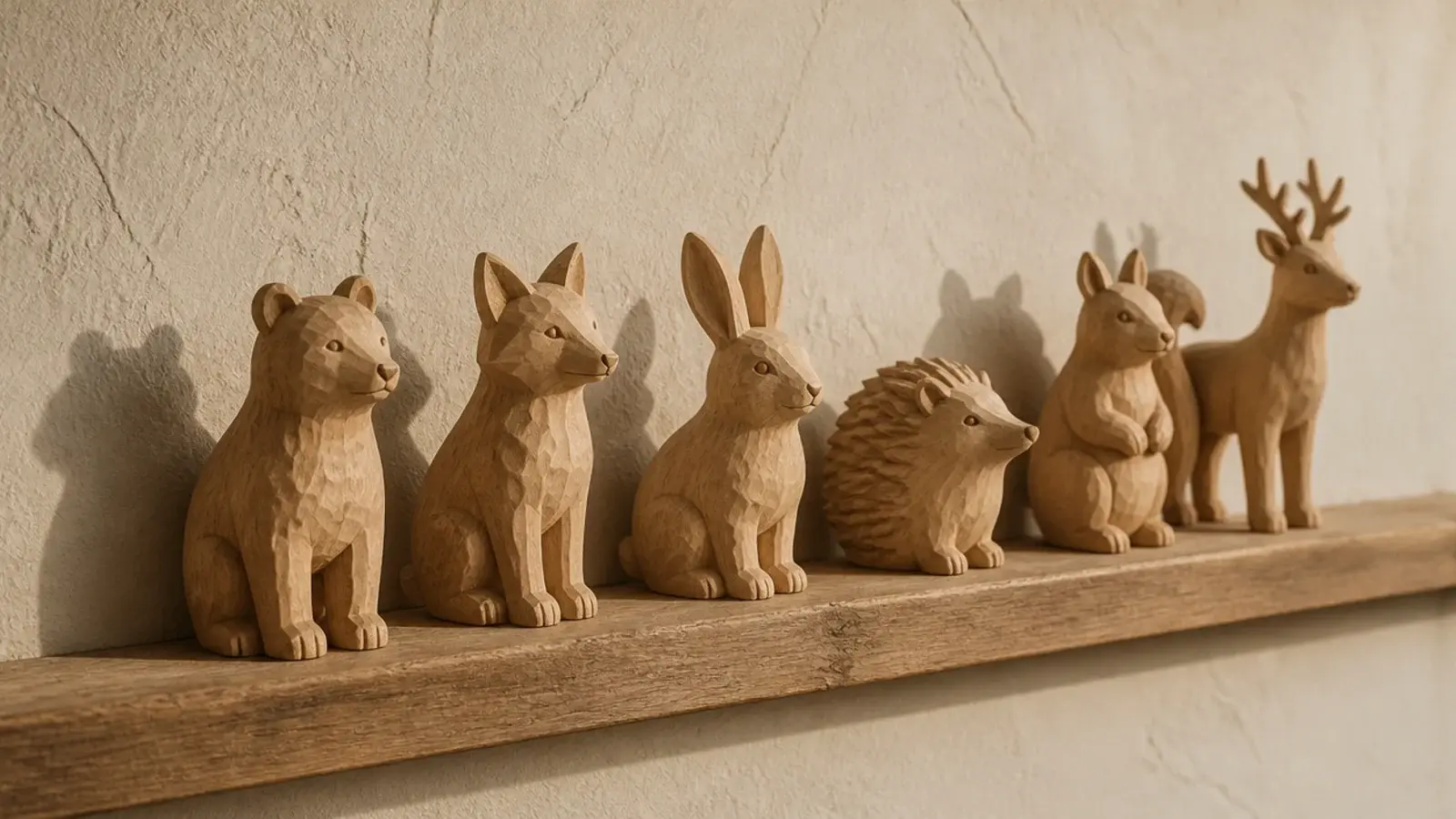 row of carved wooden animals standing along a narrow timber ledge