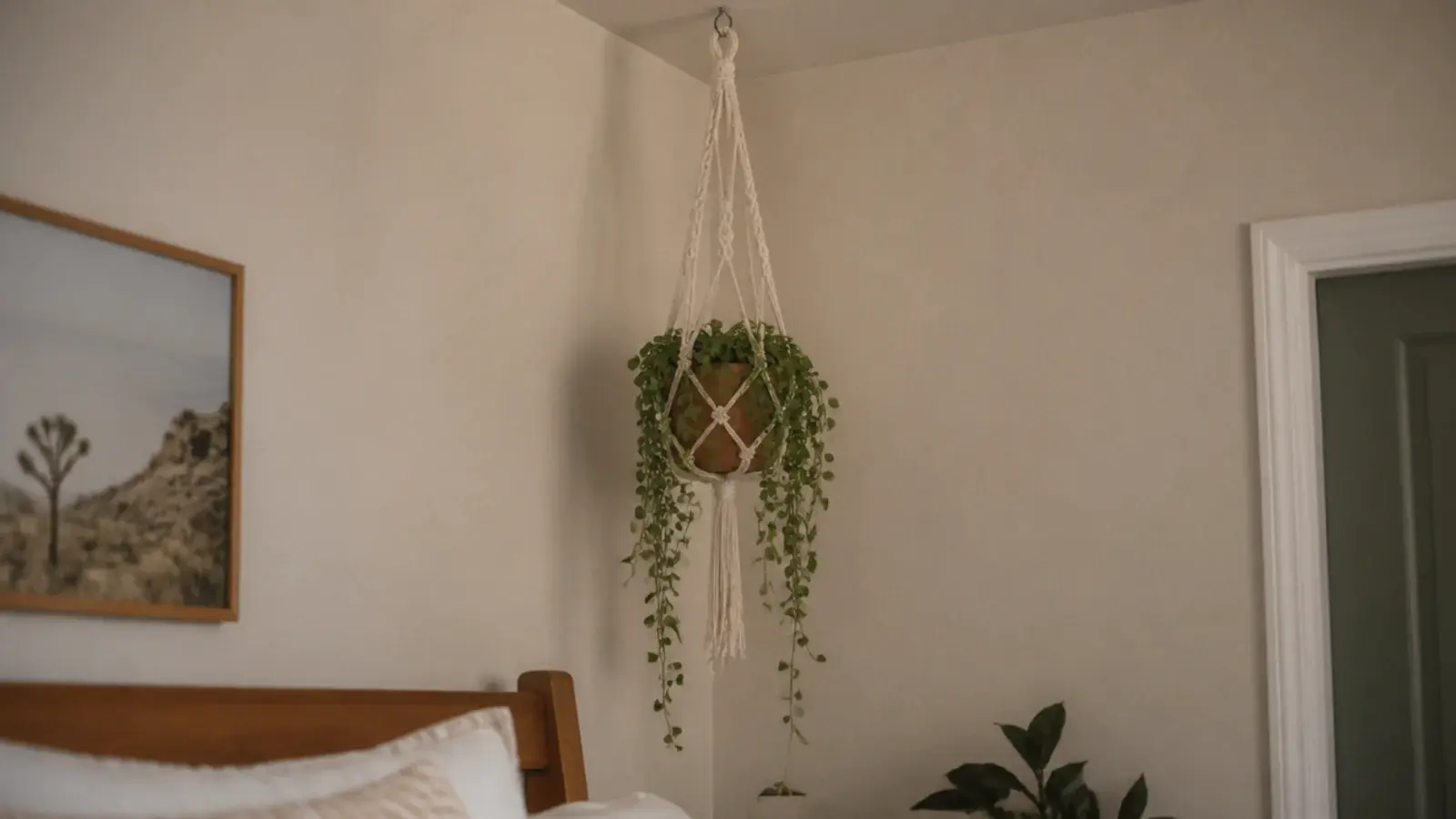 macrame plant hanger holding a faux trailing plant high on a wall