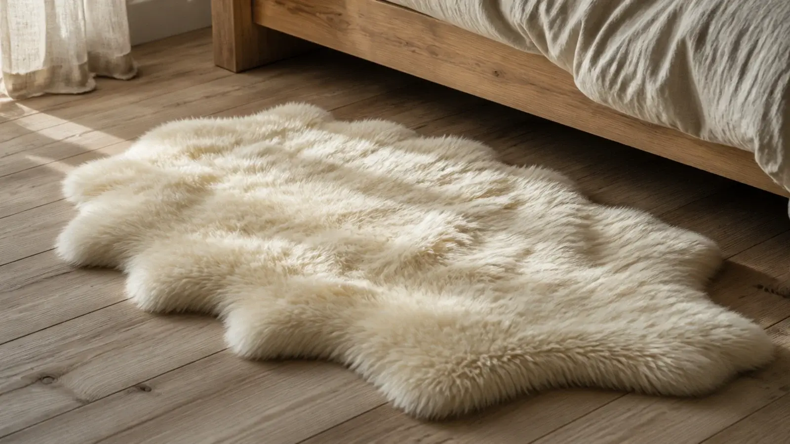 soft sheepskin laid on the floor beside a low wooden bed