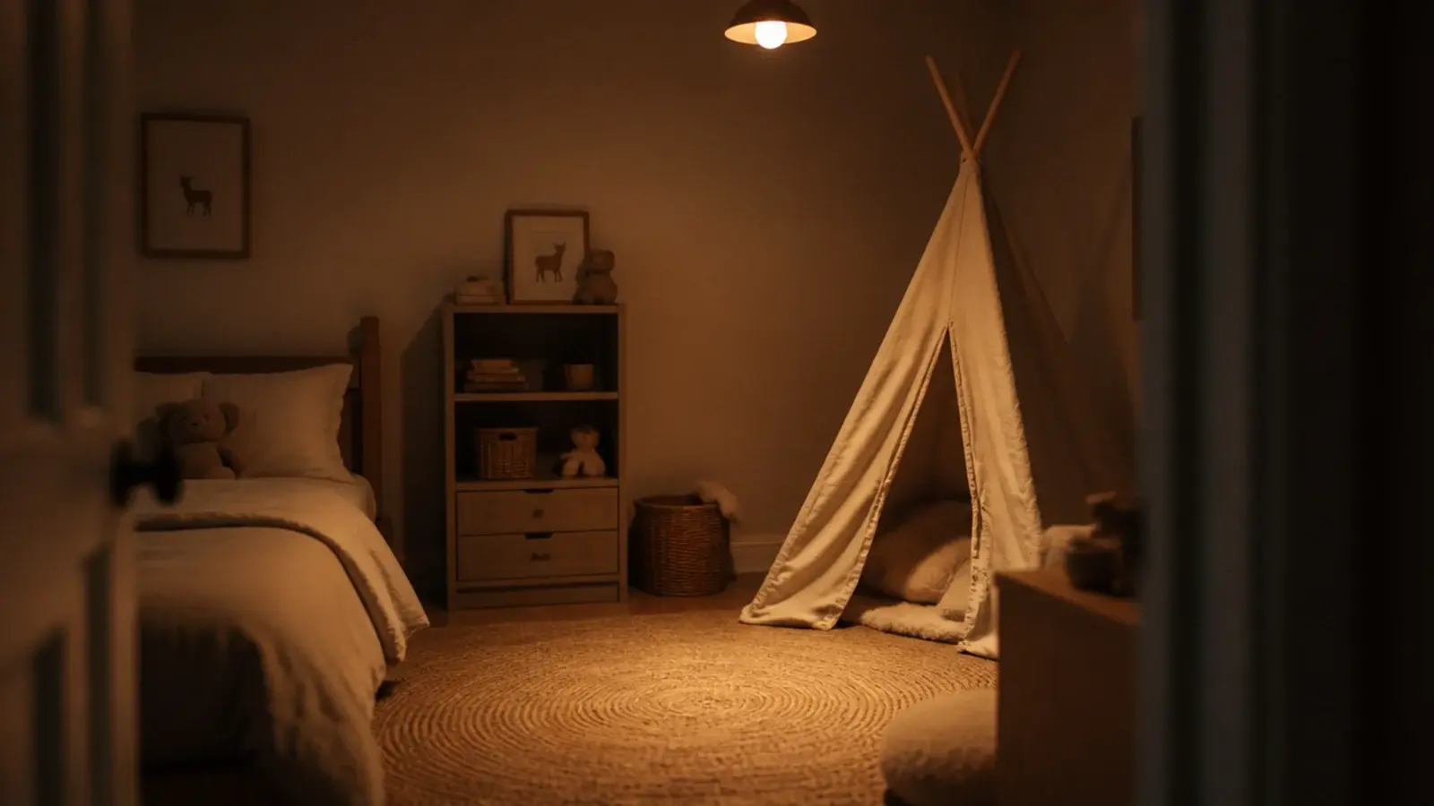 warm dimmed bulb glowing above a neutral boho child bedroom