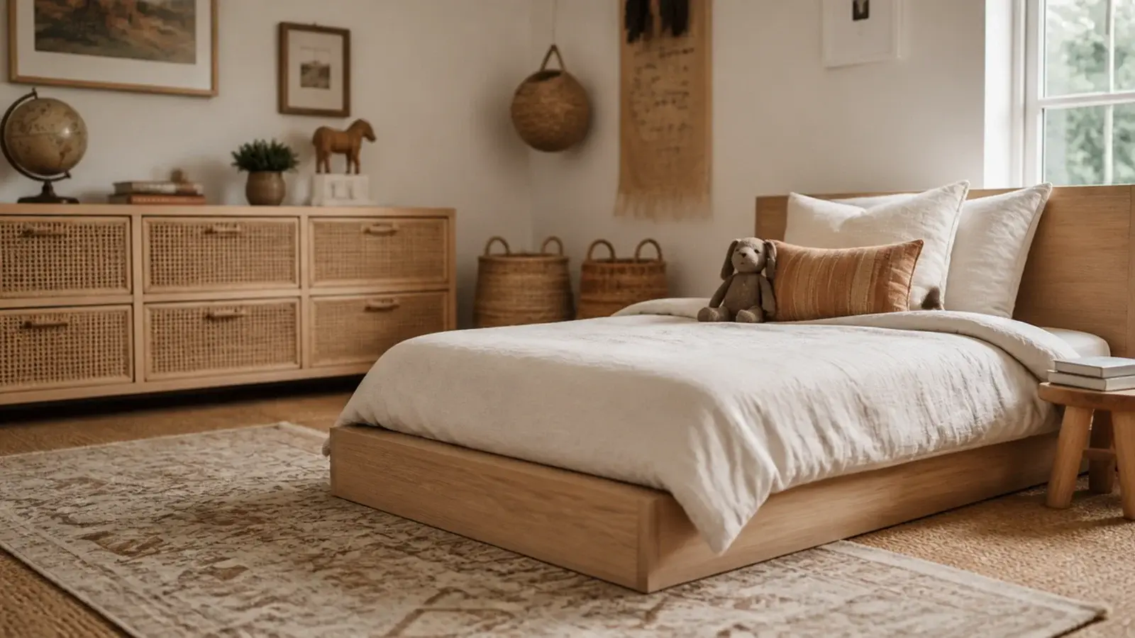 toddler boho bedroom for a girl in jute cane and unbleached linen