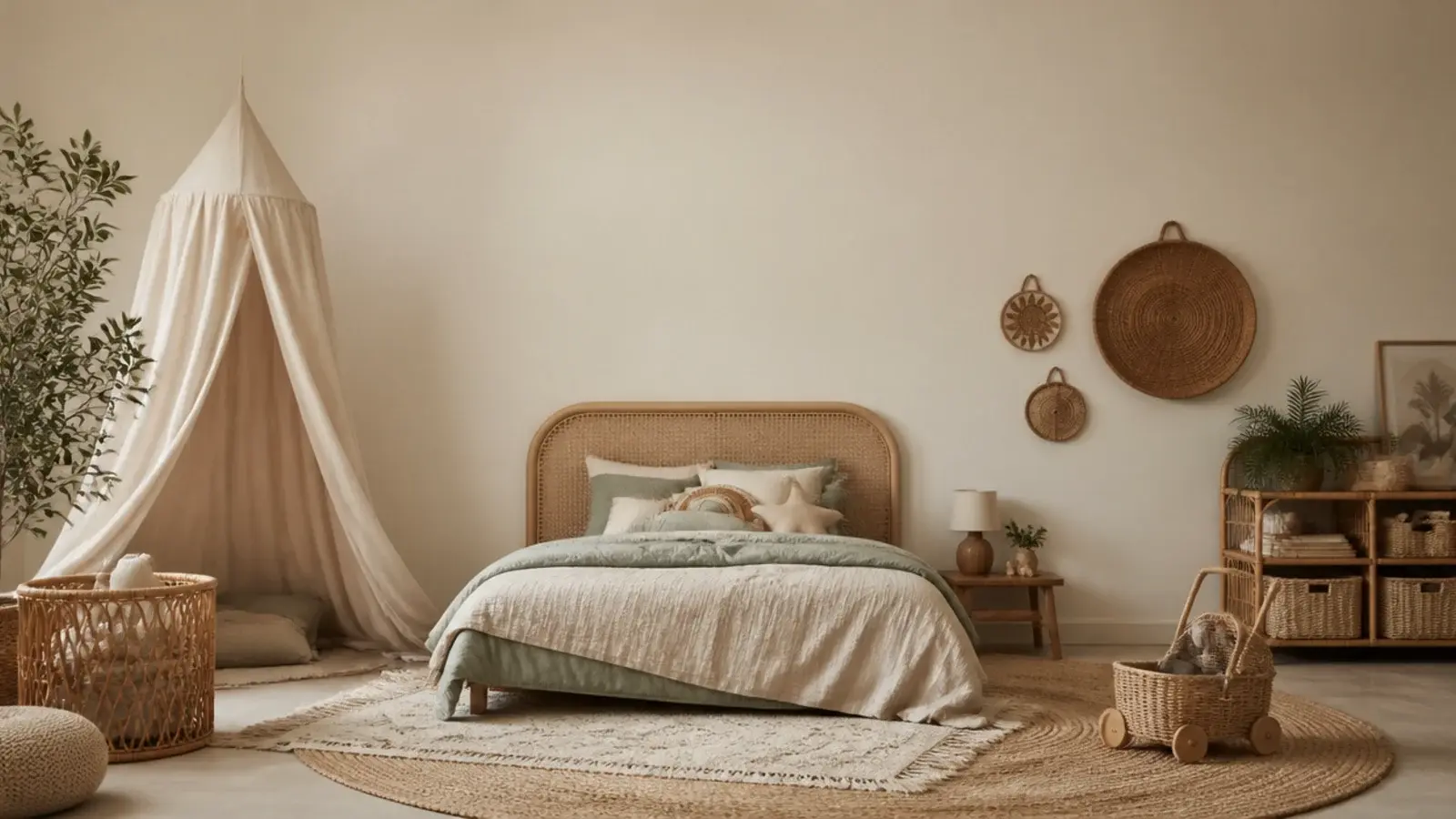 tall toddler boho bedroom for a girl with cane jute macrame and linen