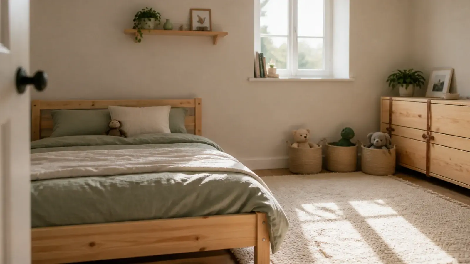 cozy toddler girl bedroom with a low bed woven rug and reachable storage bins