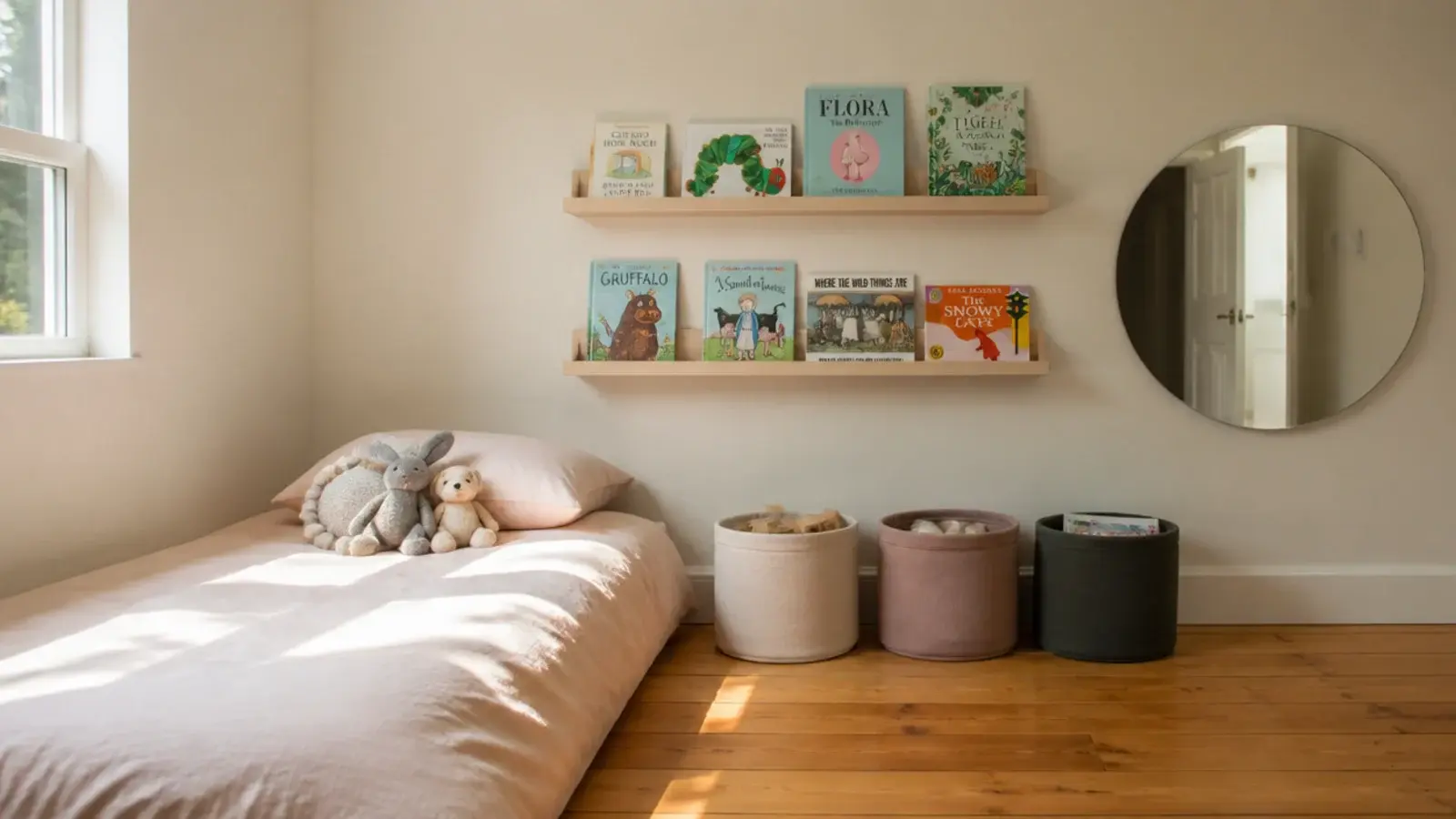 toddler girl bedroom decor stripped back to a low bed ledge and bins