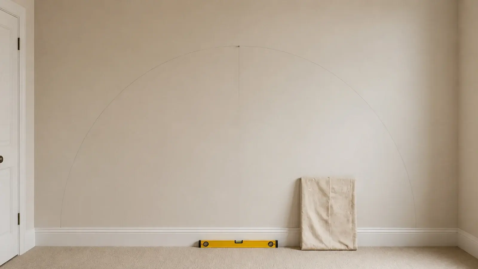 pencil arch guideline marked on a bedroom wall with a string compass