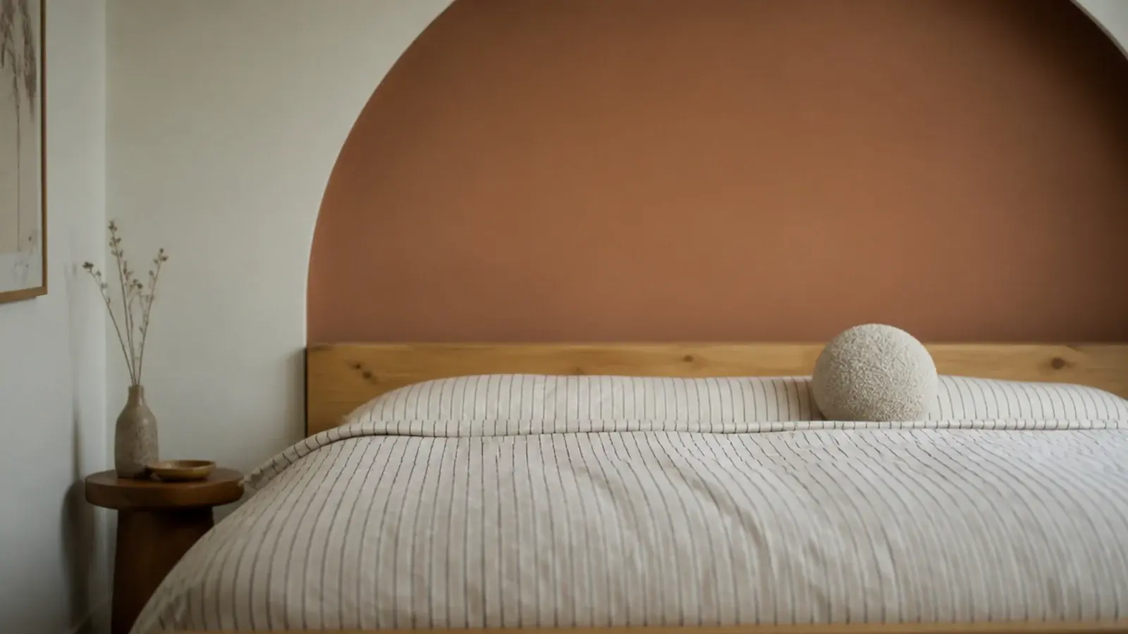 soft clay painted arch rising behind a low bed on plain white wall