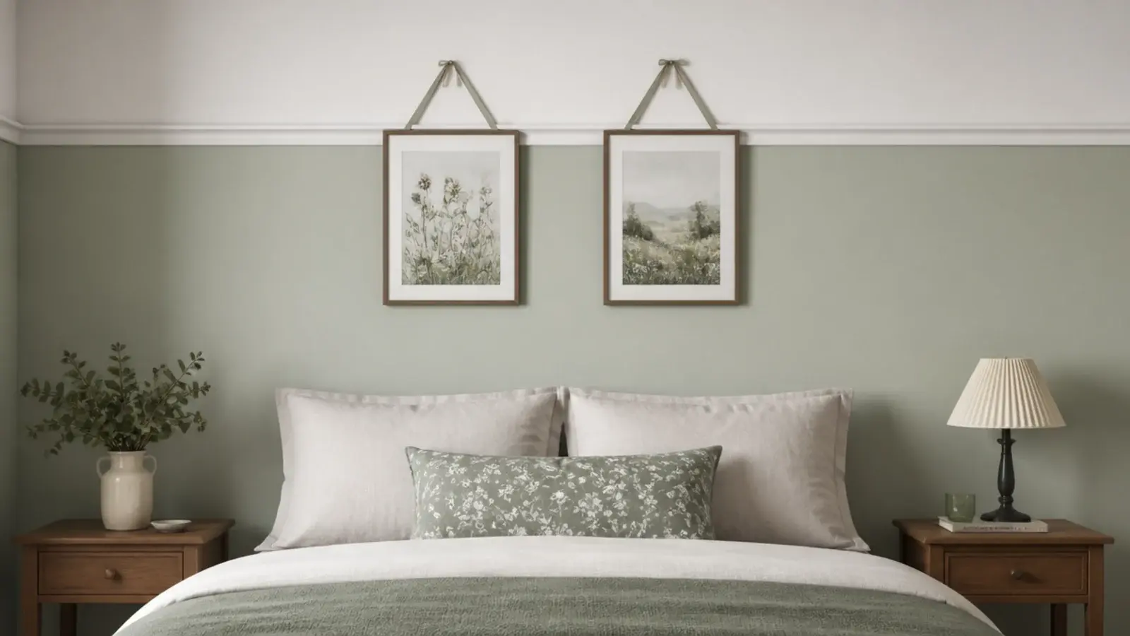 lower wall painted sage below a slim picture rail in a child bedroom