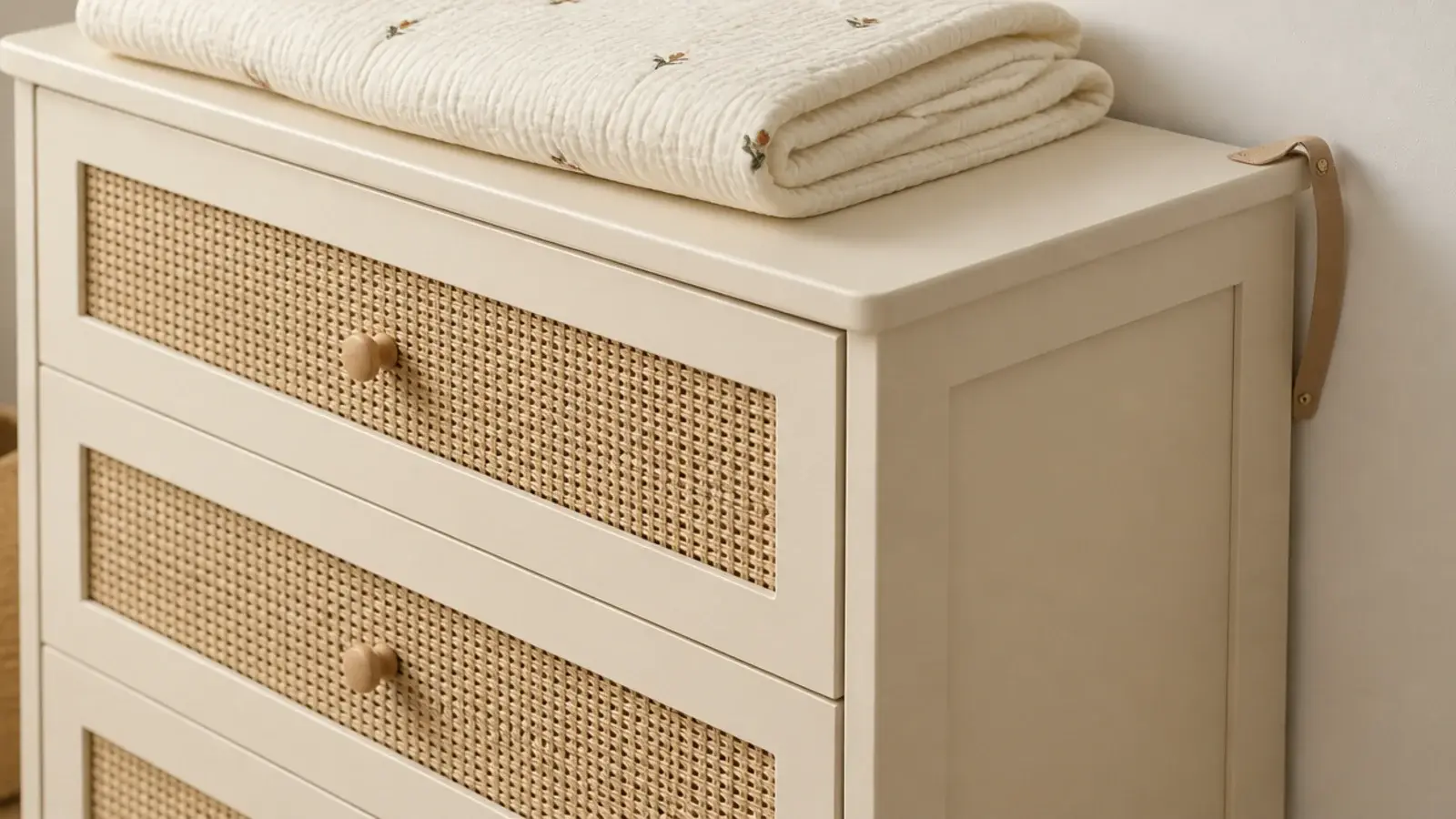 low dresser with natural woven cane drawer fronts in a child bedroom
