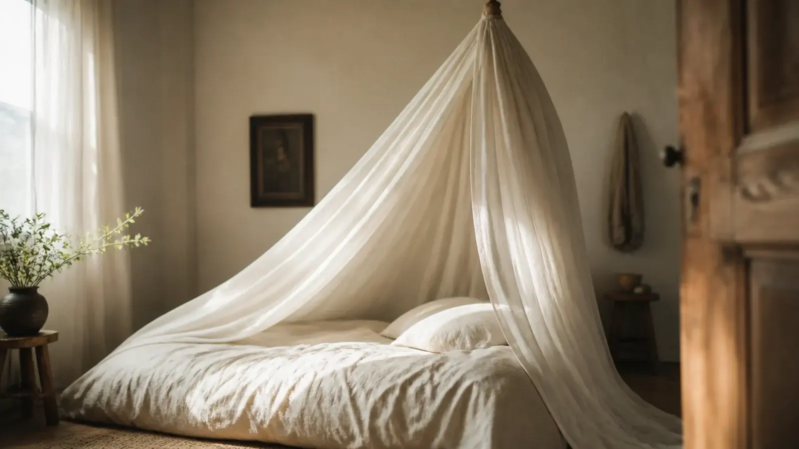 muslin canopy gathered on one hook and falling to the side of a bed