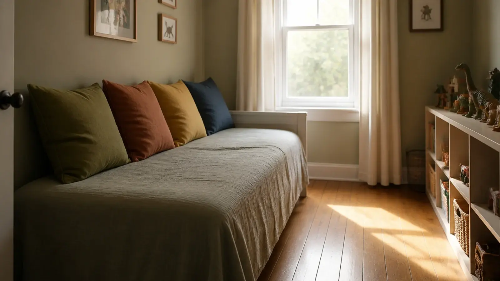 single bed pushed lengthways against a wall with cushions along the back