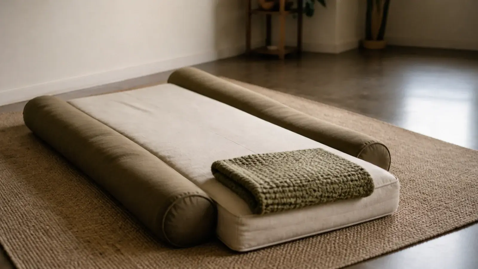 floor mattress edged with firm bolster cushions on a soft flat rug