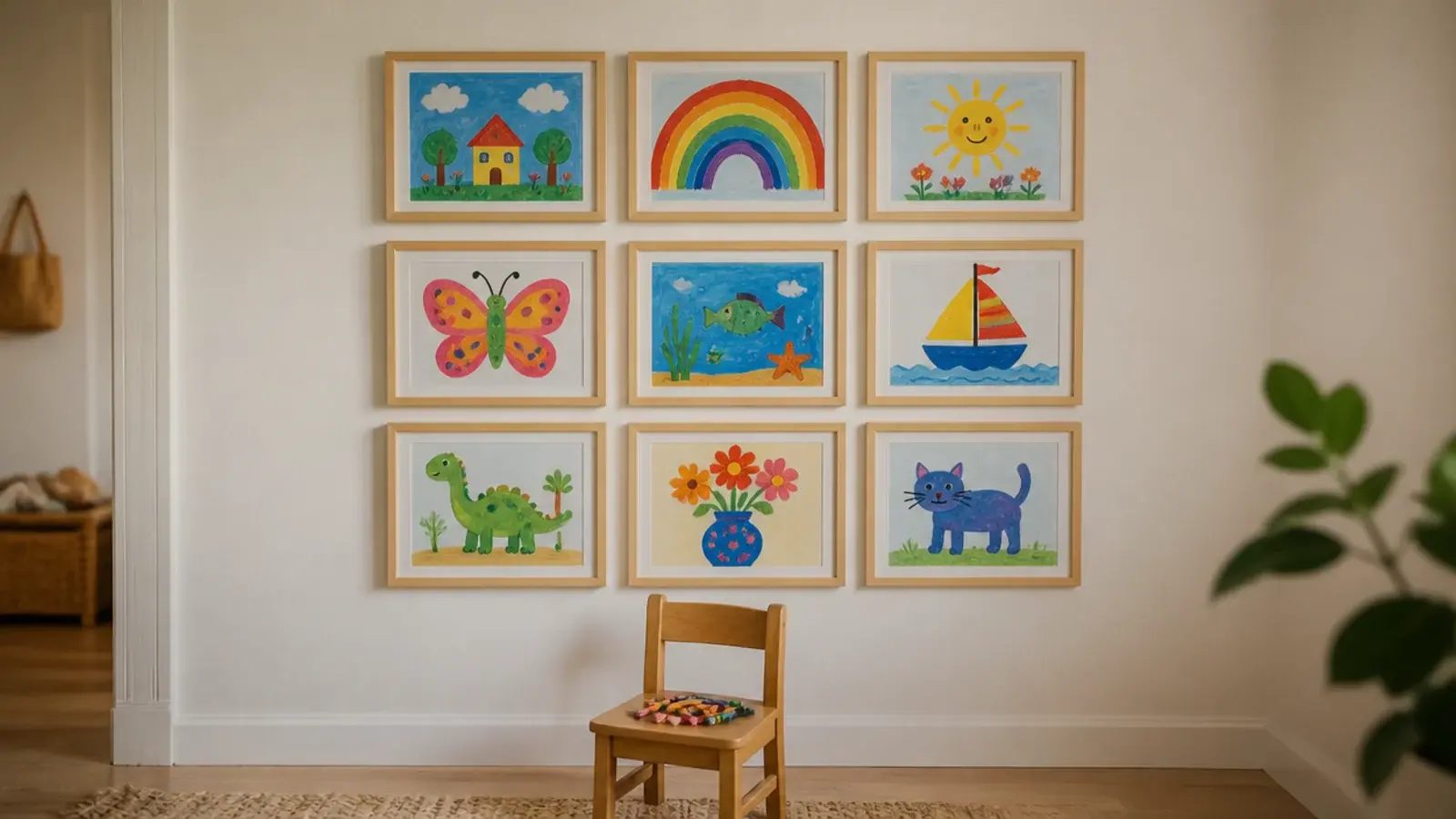 grid of child paintings in matching pale frames on a bedroom wall