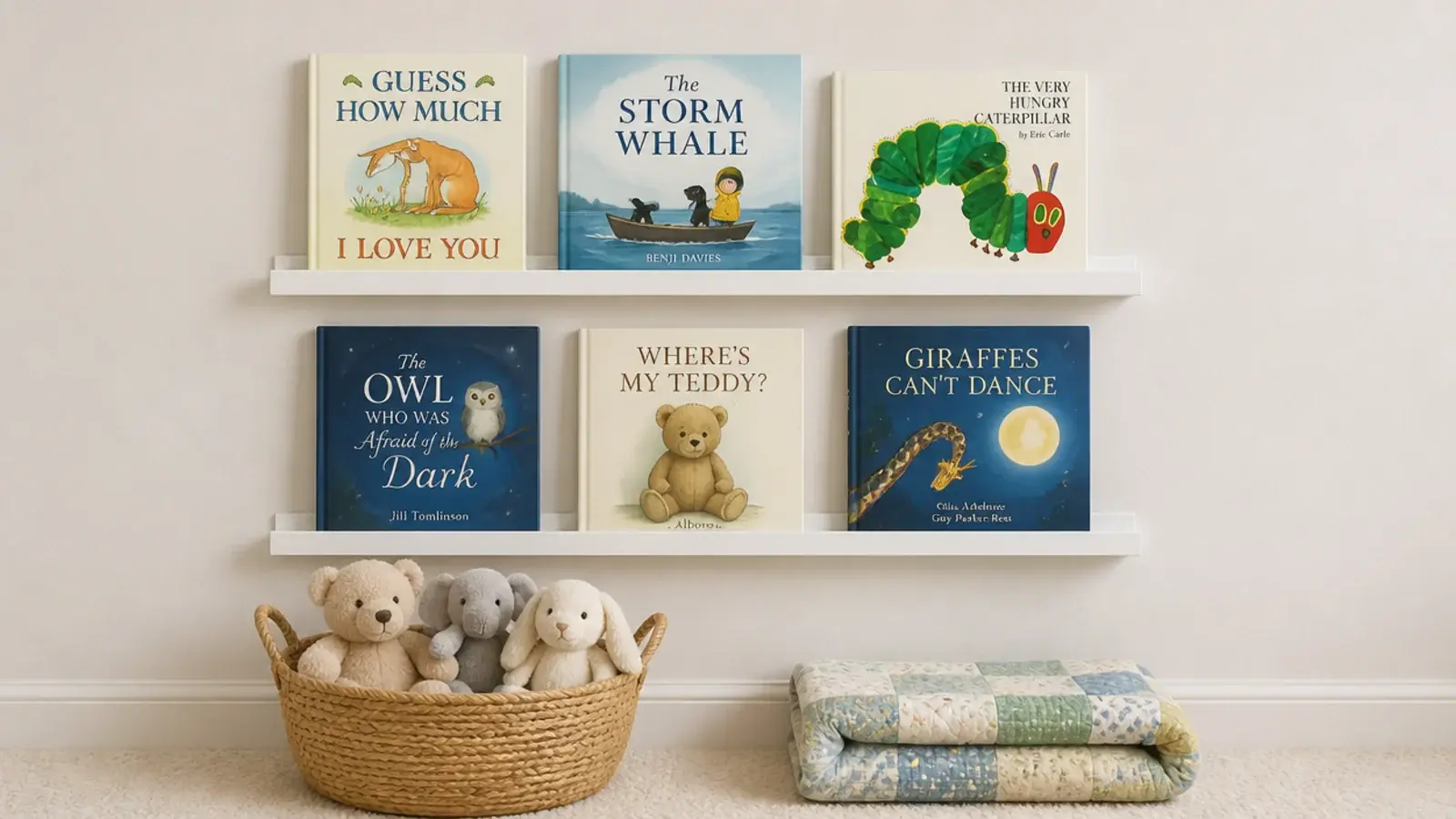 two shallow ledges holding picture books cover outward at child height