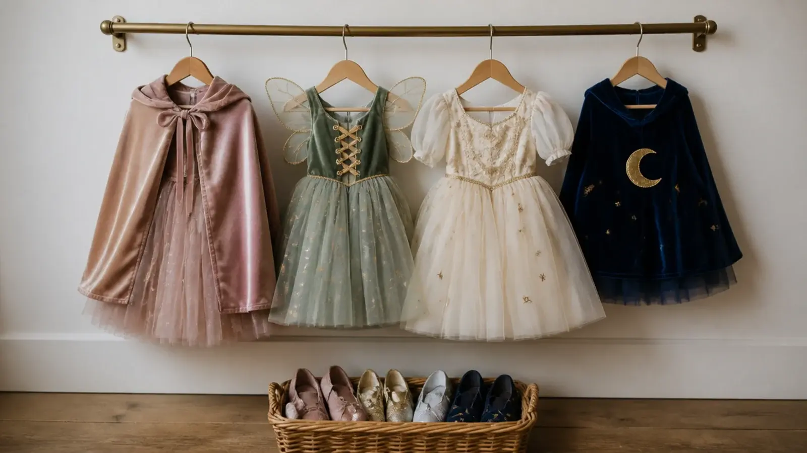 small tulle dresses hanging from a low rail against a plain wall