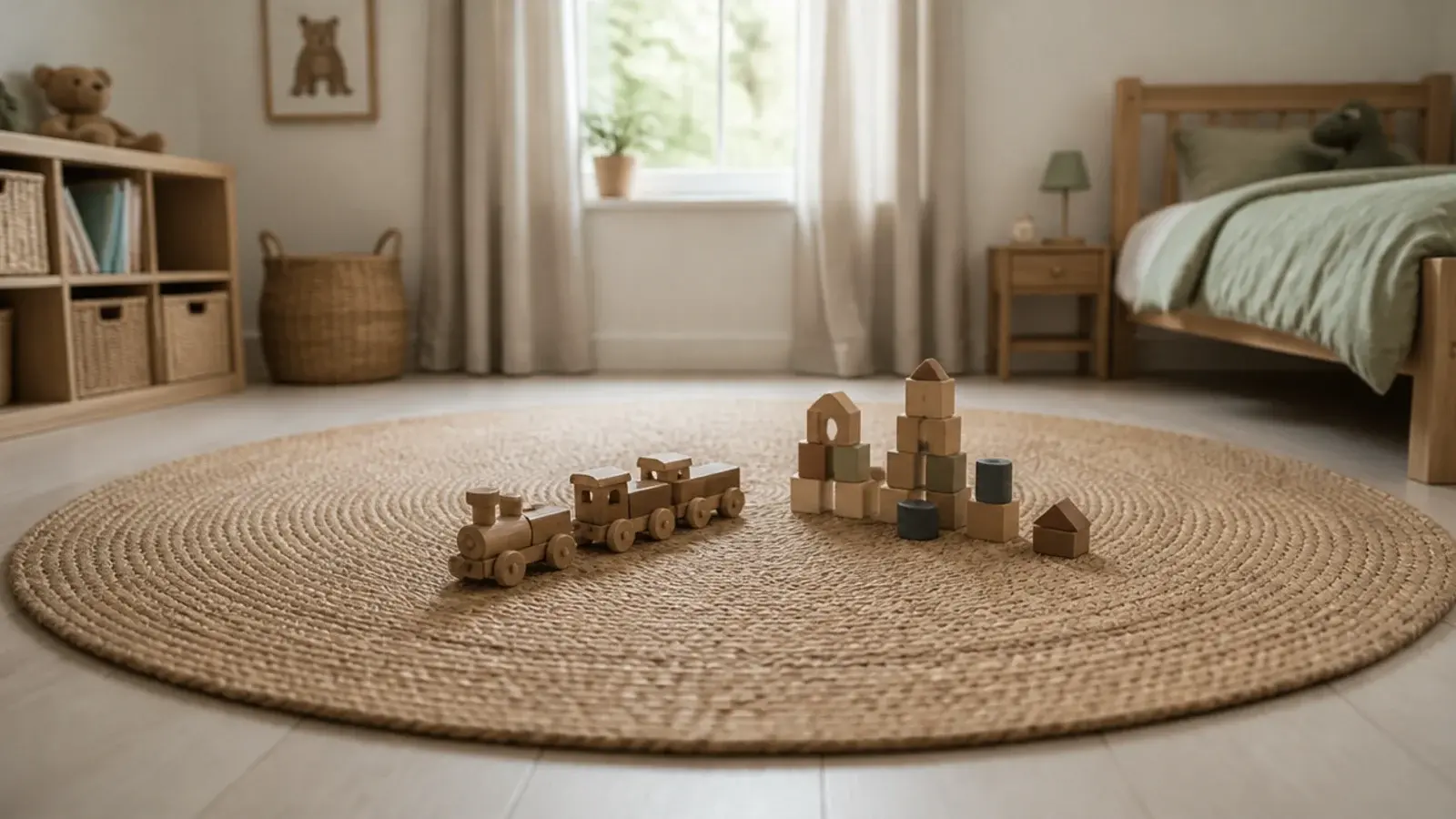 round natural jute rug defining an open play area on floorboards