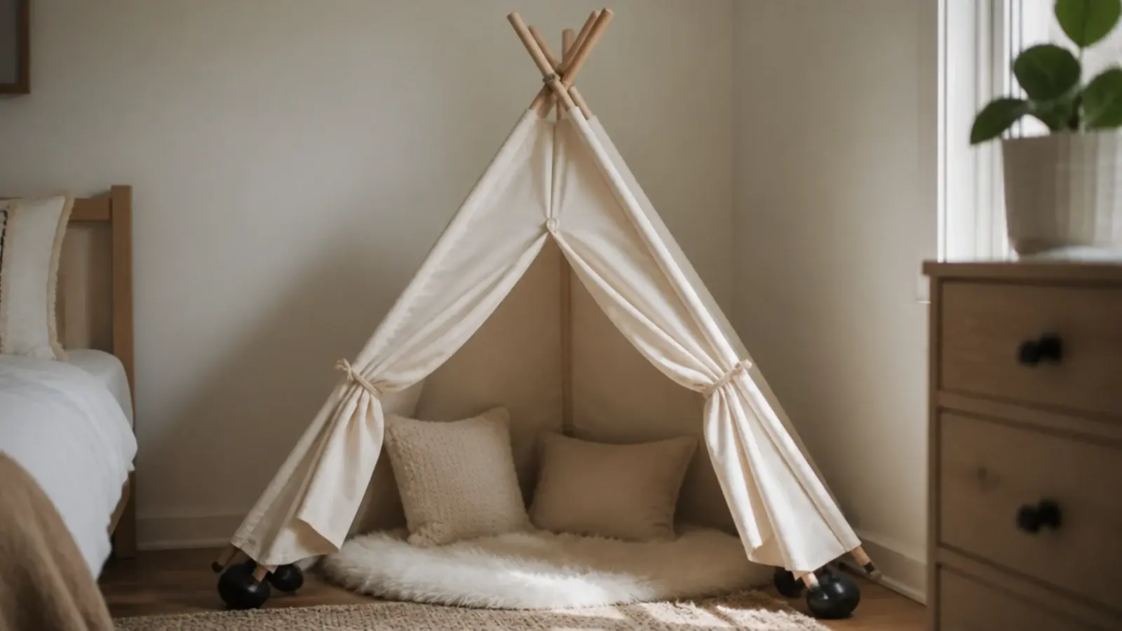 canvas play tent with an open front and a sheepskin rug inside