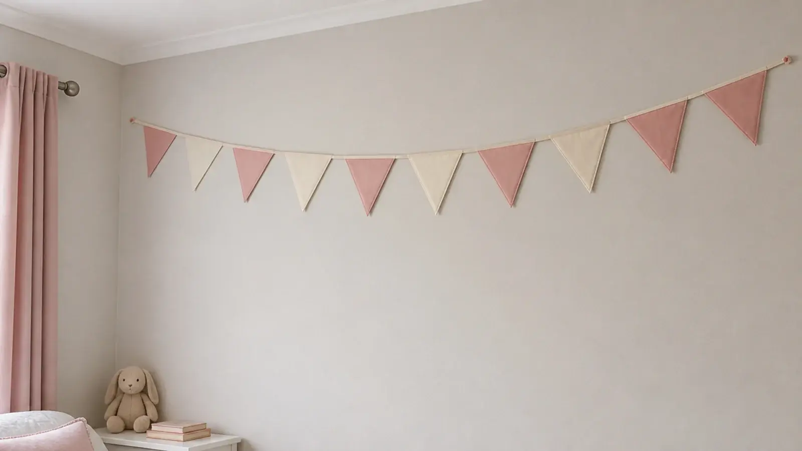 strip of cotton bunting strung high across a corner of a bedroom