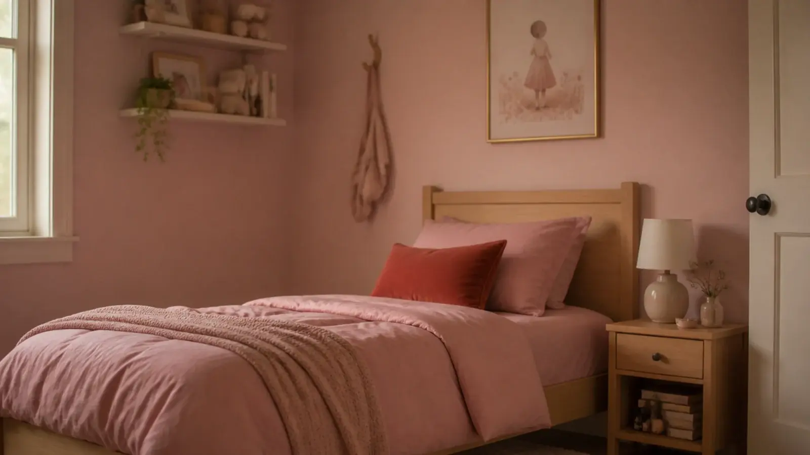 bedroom layered in three tones of pink from blush to deep rose