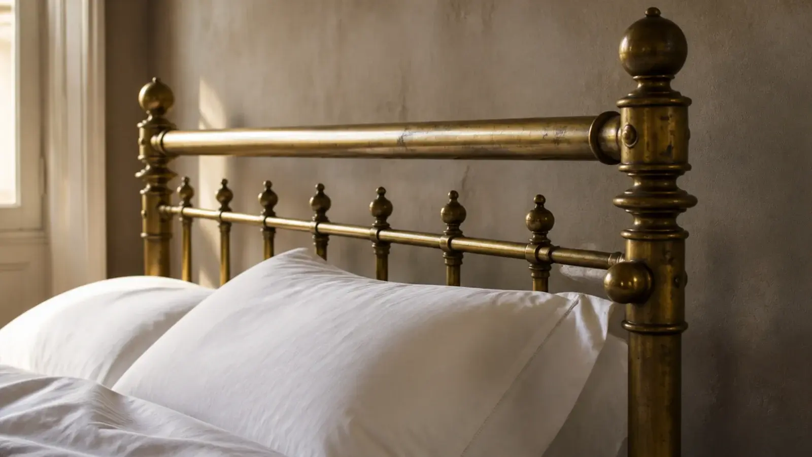 aged brass bed frame with simple white bedding in a child room