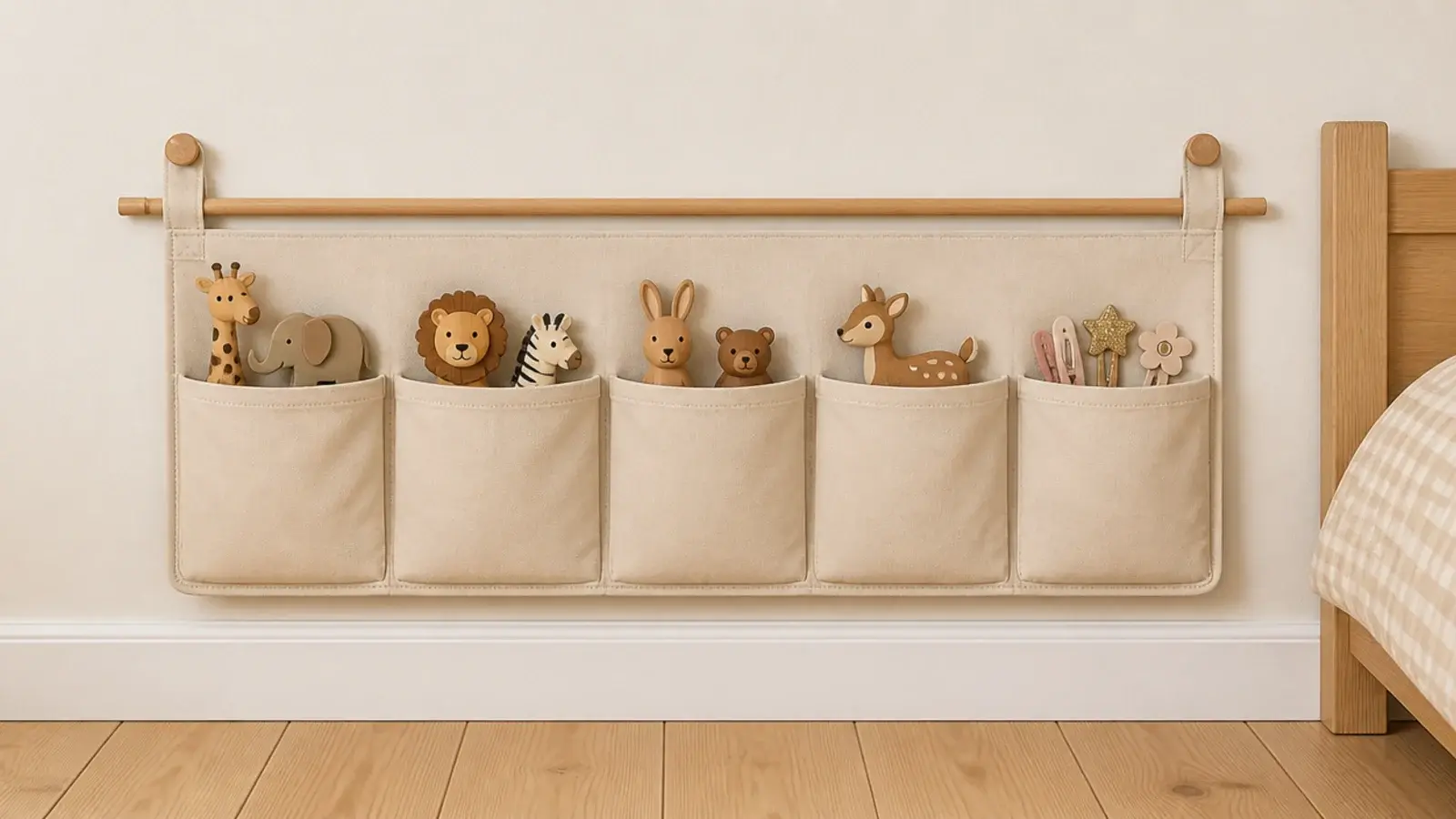 row of hanging fabric wall pockets holding small toys at child height