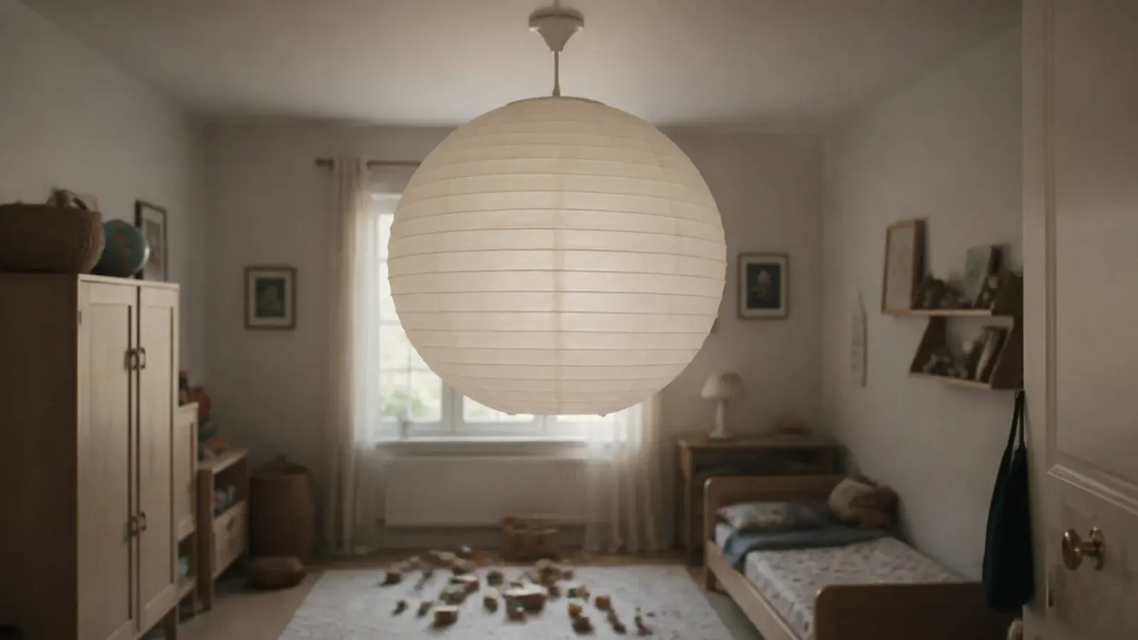 large white paper lantern hanging centrally above an open bedroom floor
