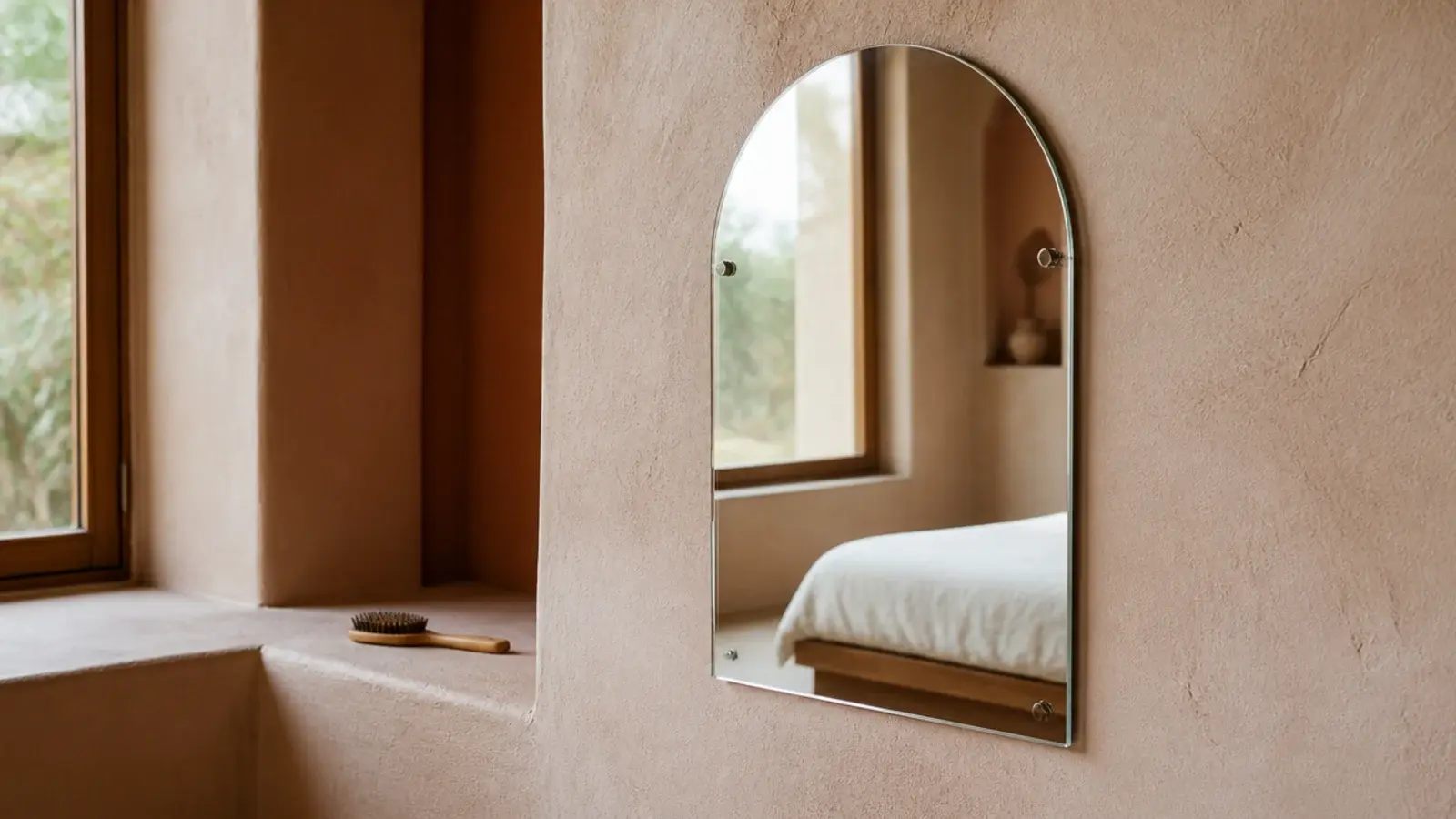 arched acrylic mirror mounted low against a soft painted bedroom wall