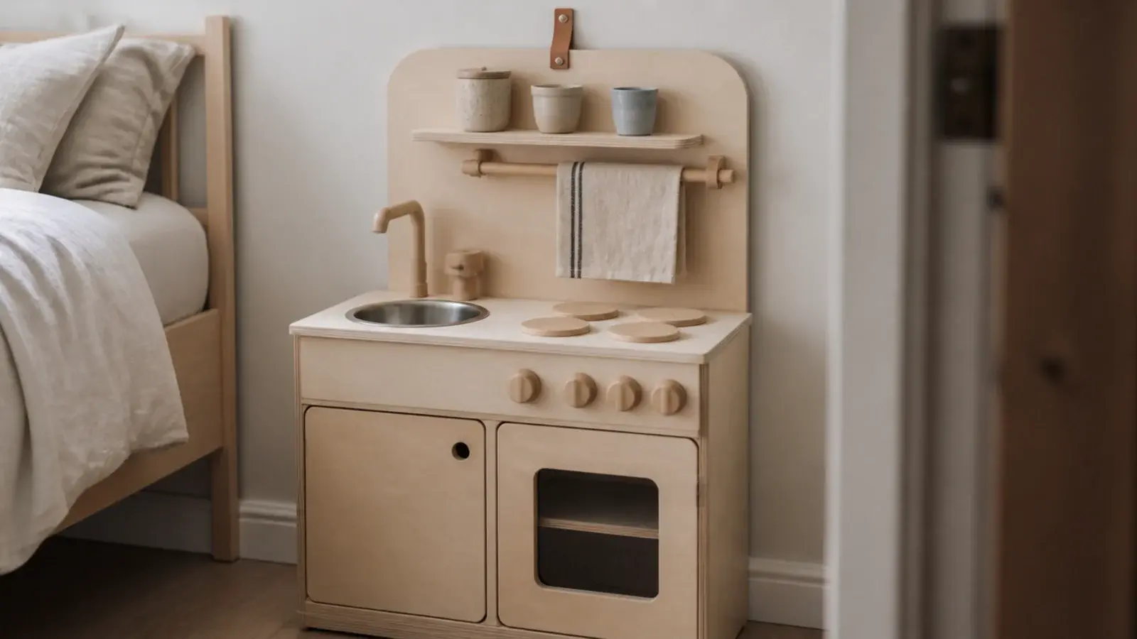 wooden play kitchen styled against a wall like a small sideboard