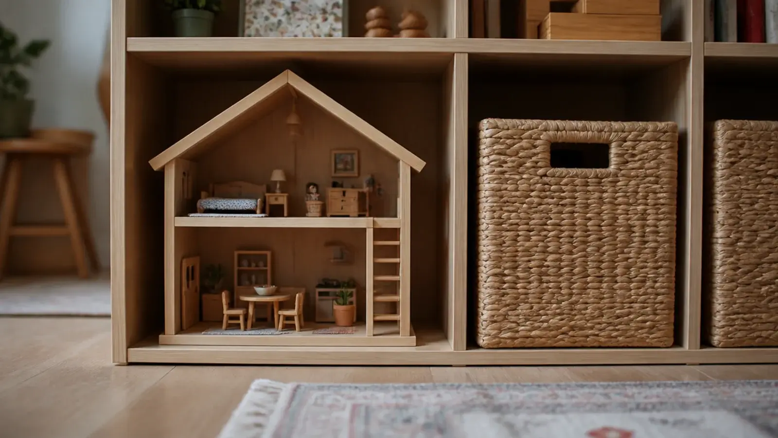 open wooden dollhouse sitting on the lowest shelf of a low unit