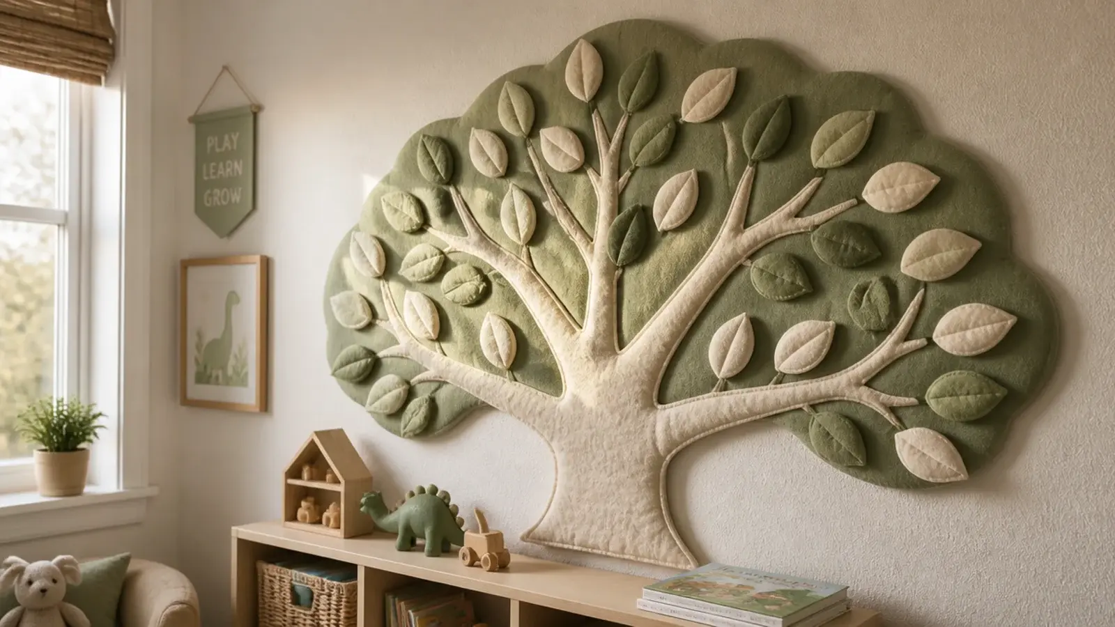 soft felt tree panel mounted on a wall above a low toy shelf