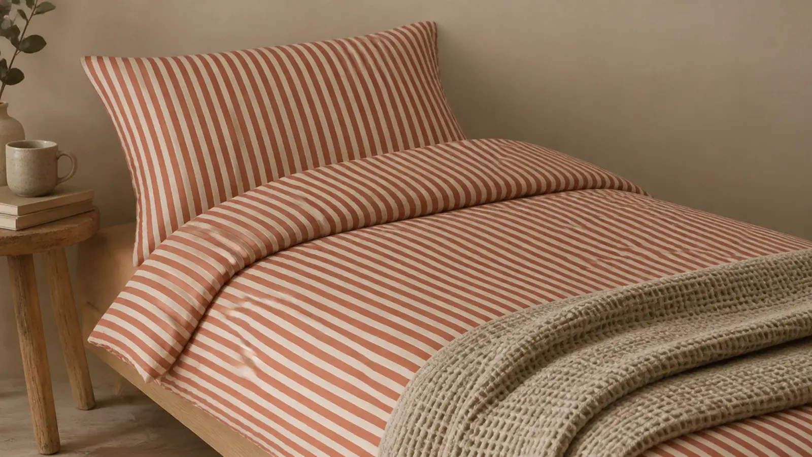 narrow striped cotton duvet set on a low bed with plain walls behind