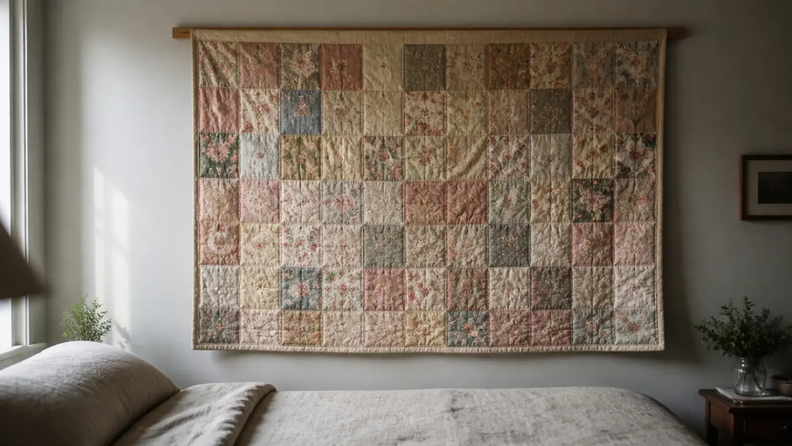 patchwork quilt hung flat on a bedroom wall above a low bed