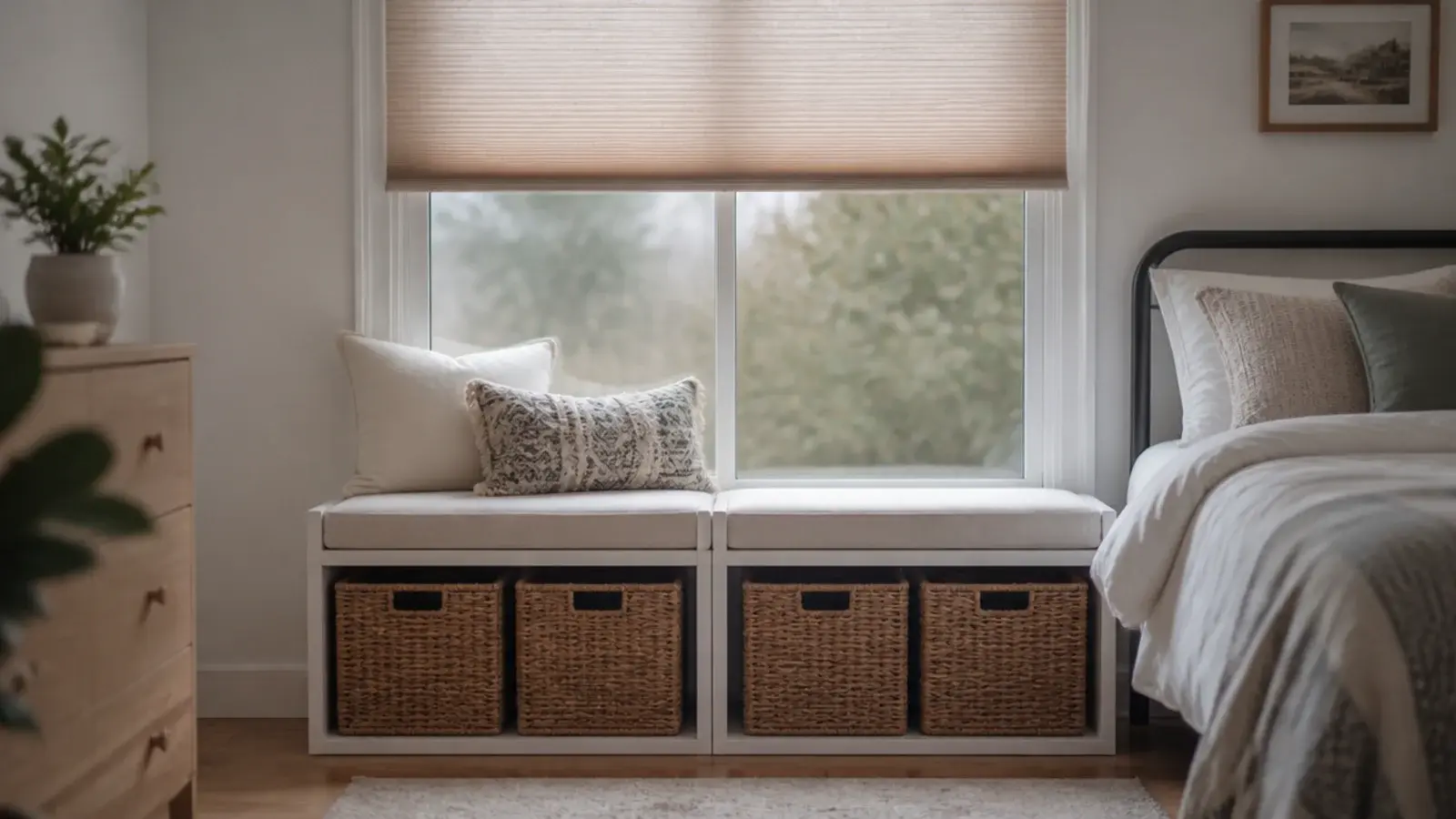 two low cube units side by side forming a bench under a window
