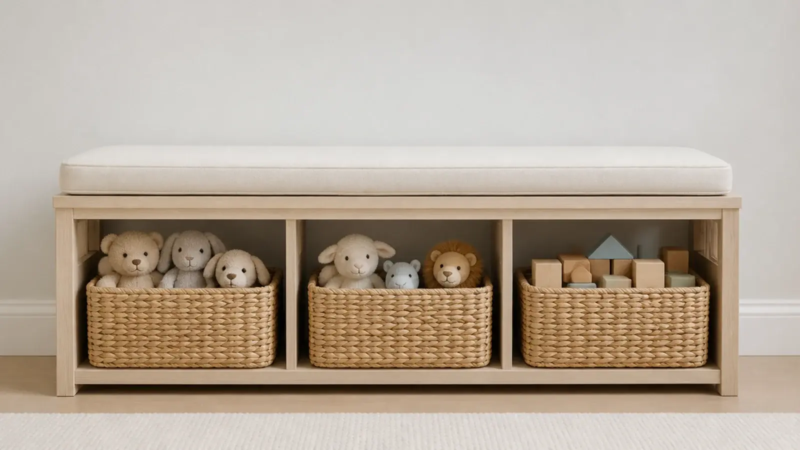 three lidless woven baskets tucked beneath a simple wooden bench