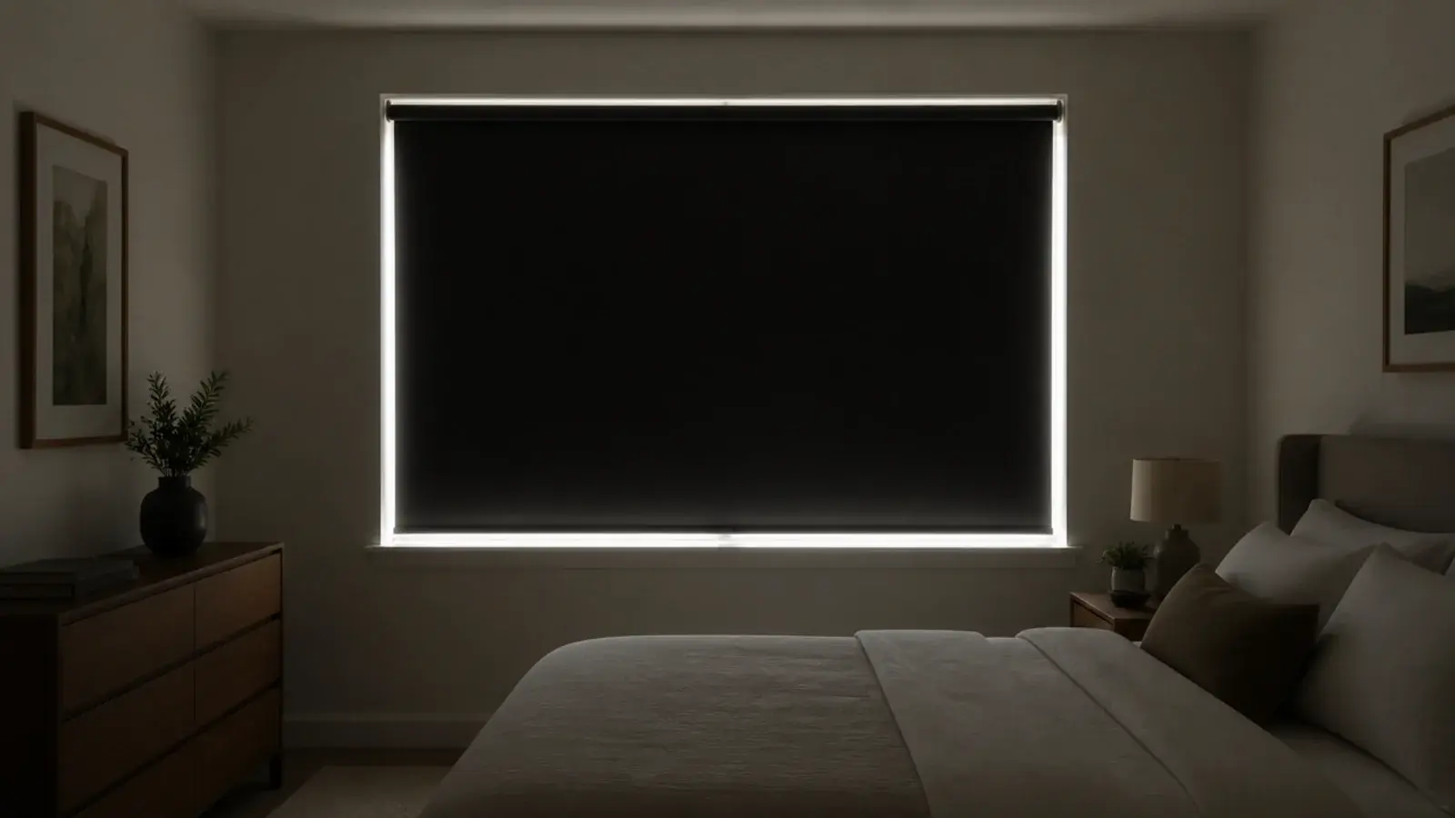 blackout roller blind lowered in a bright bedroom for a daytime nap