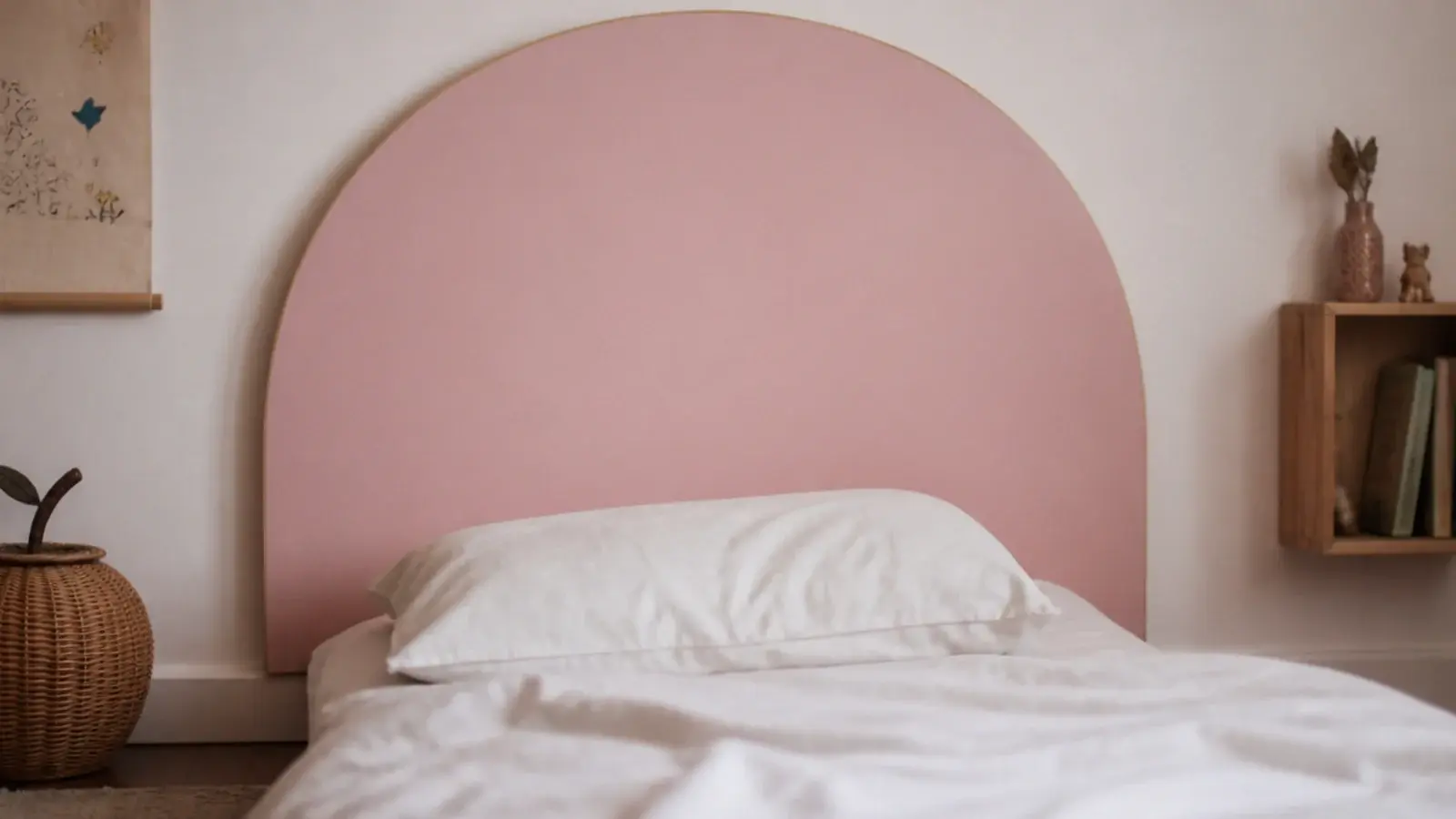 curved plywood headboard painted soft pink behind a low single bed