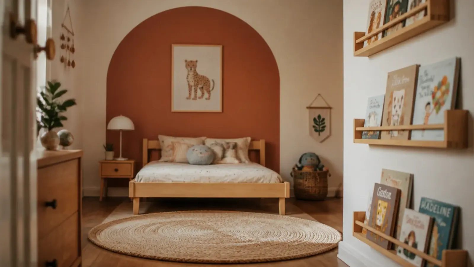toddler girl bedroom ideas shown in a room with painted arch and low shelving