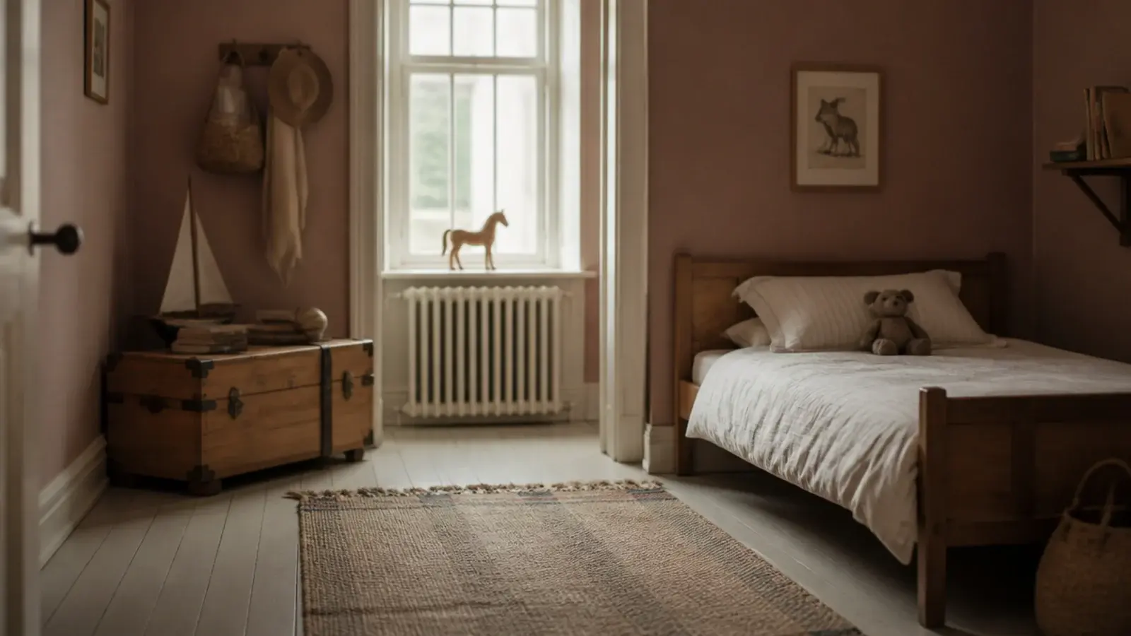 toddler girl bedroom paint ideas shown as soft clay walls and pale trim