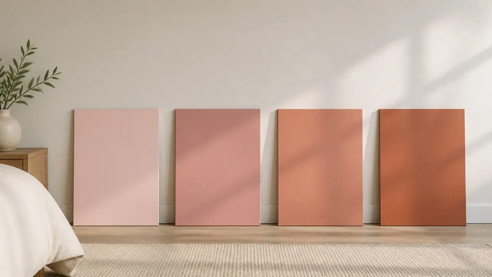 painted sample boards in four pink tones leaning against a bare wall