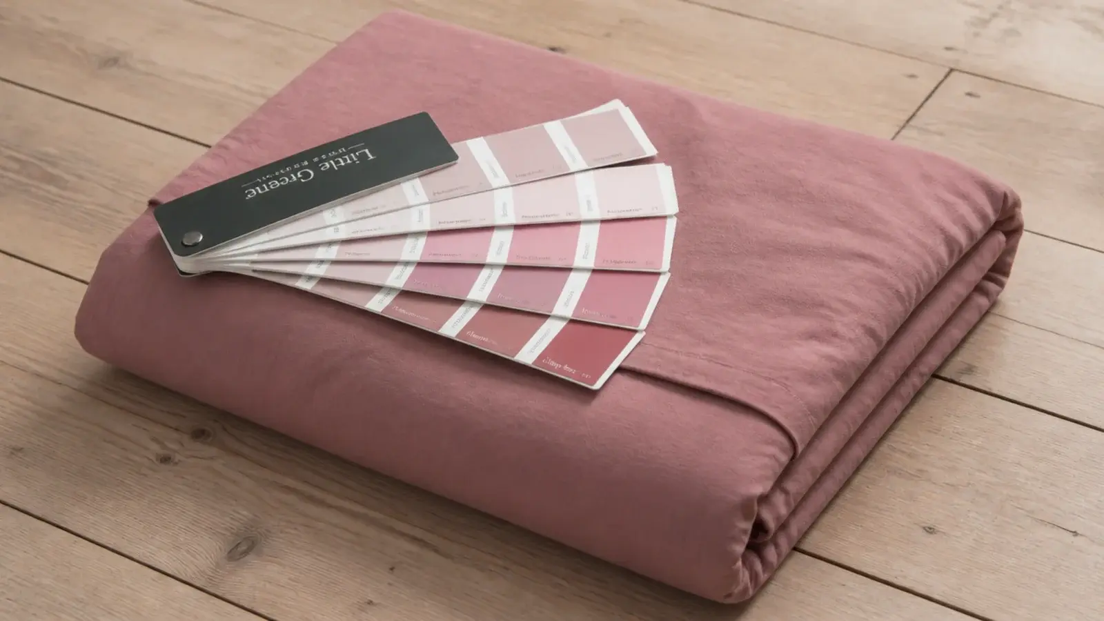 folded pink bedding held beside a fan deck of matching paint swatches