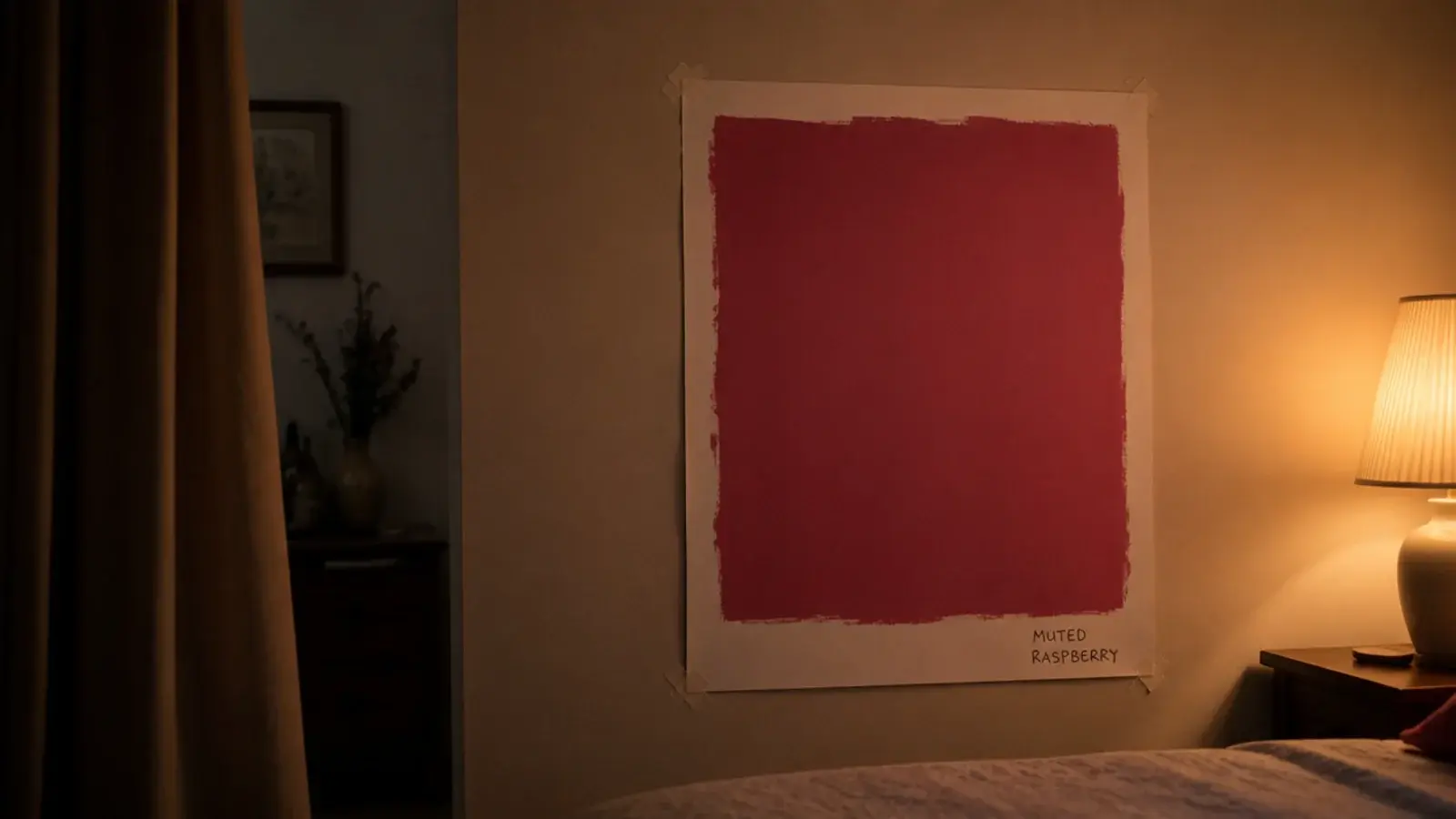 large pink sample board taped high on a wall in evening lamplight