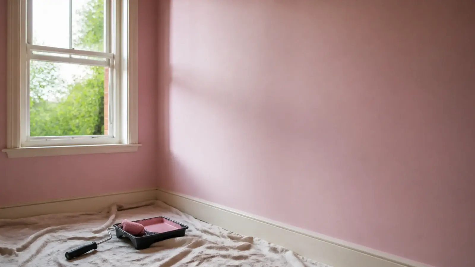 open bedroom window with fresh paint drying on a pink wall